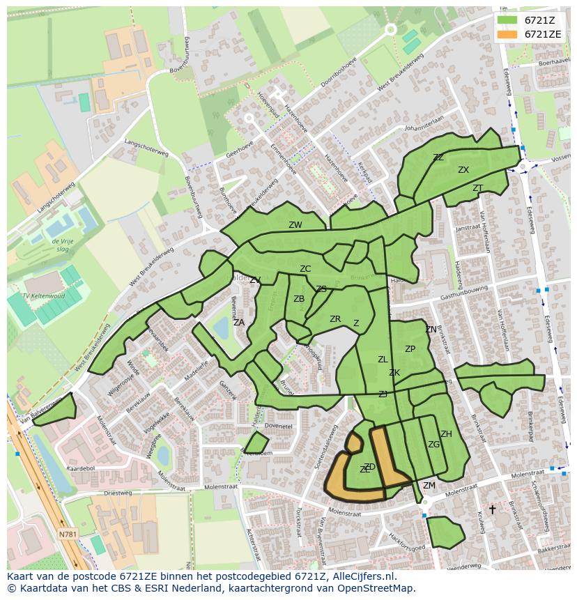 Afbeelding van het postcodegebied 6721 ZE op de kaart.