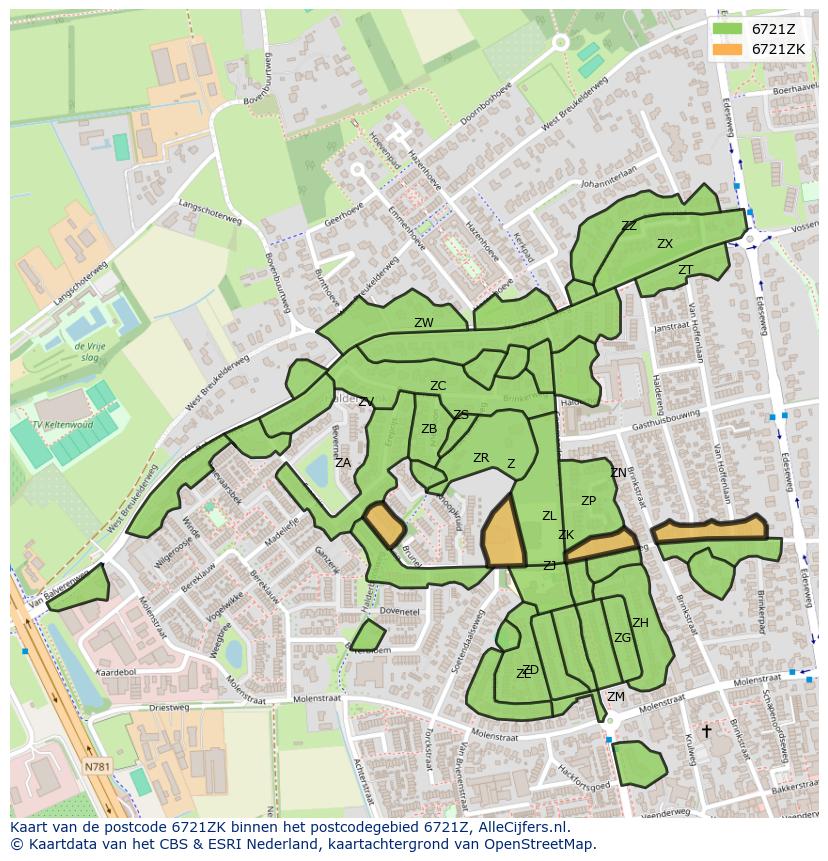 Afbeelding van het postcodegebied 6721 ZK op de kaart.