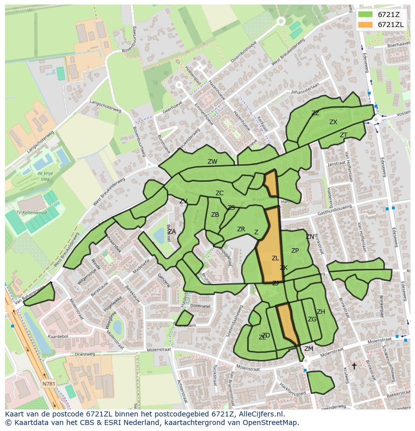 Afbeelding van het postcodegebied 6721 ZL op de kaart.