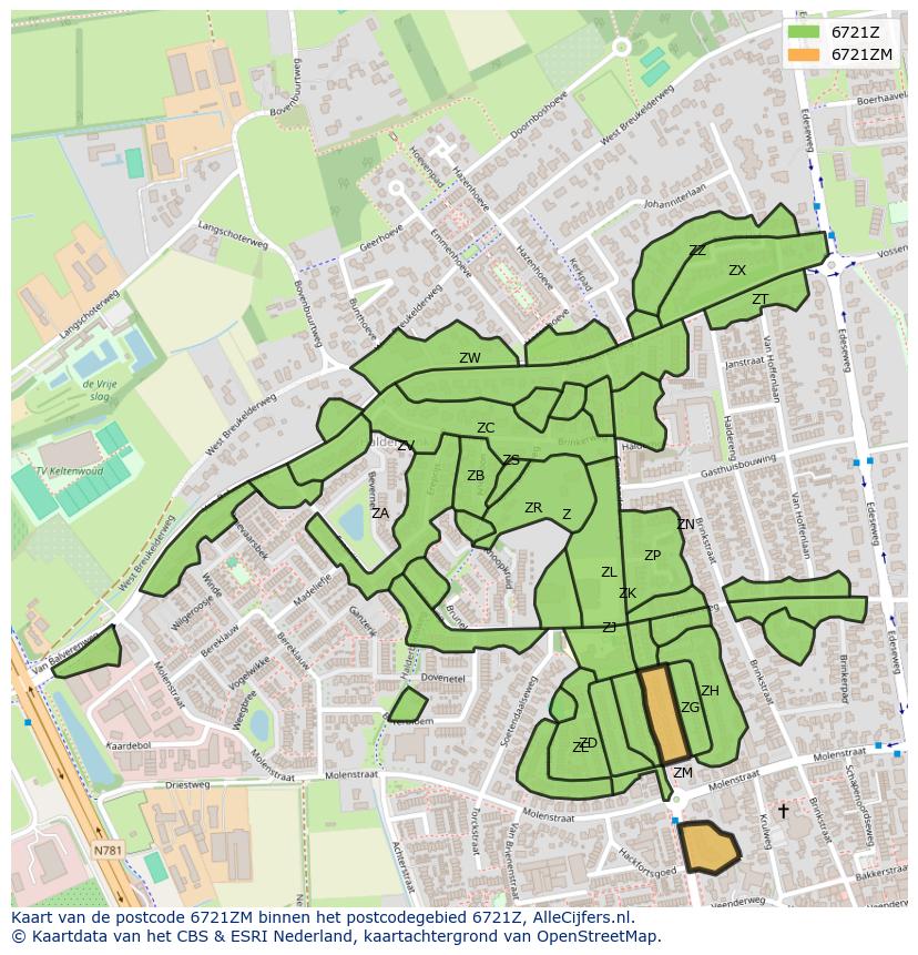 Afbeelding van het postcodegebied 6721 ZM op de kaart.