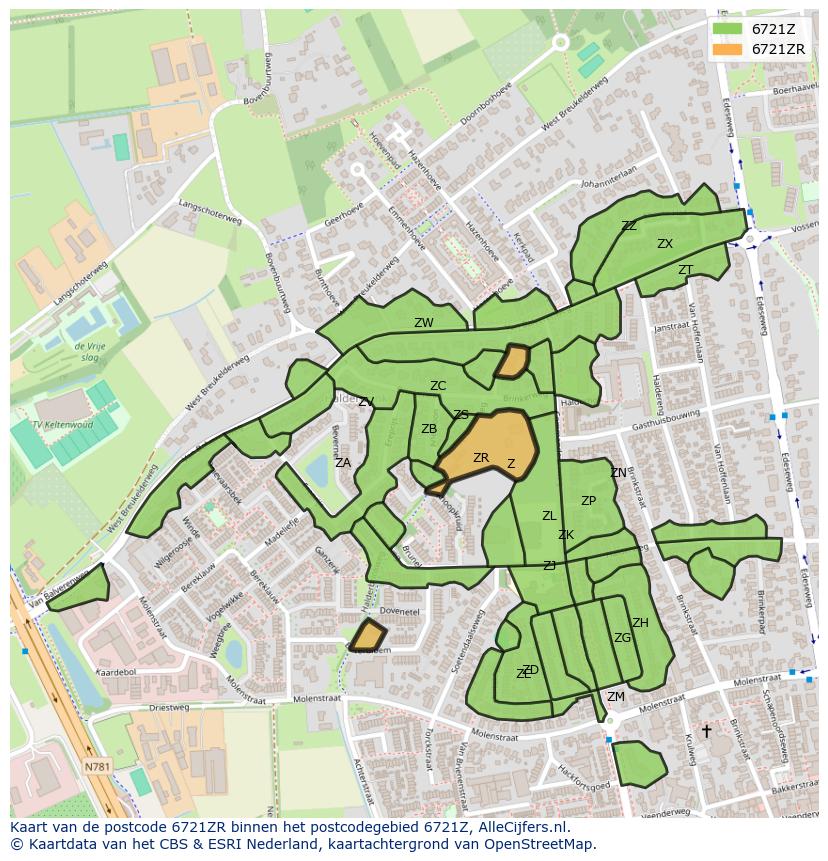 Afbeelding van het postcodegebied 6721 ZR op de kaart.