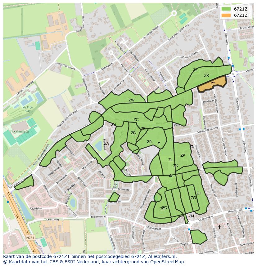 Afbeelding van het postcodegebied 6721 ZT op de kaart.