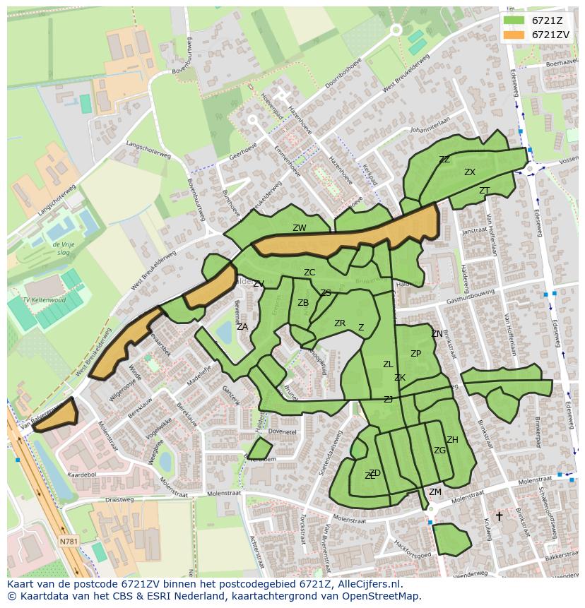 Afbeelding van het postcodegebied 6721 ZV op de kaart.
