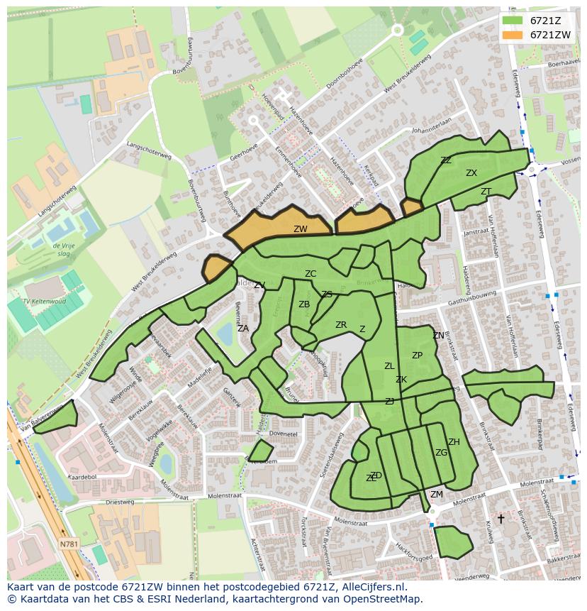 Afbeelding van het postcodegebied 6721 ZW op de kaart.