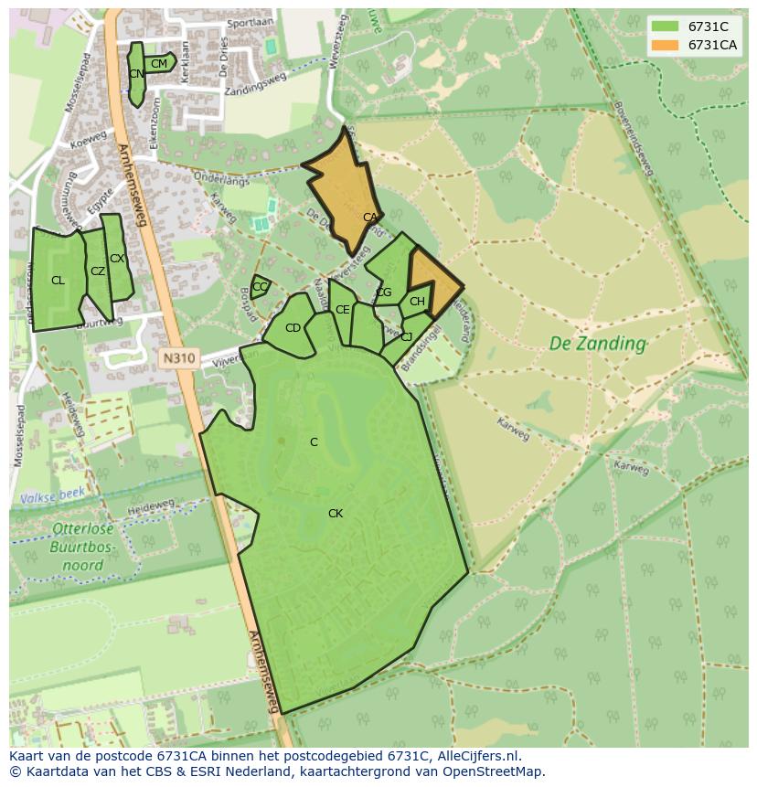 Afbeelding van het postcodegebied 6731 CA op de kaart.