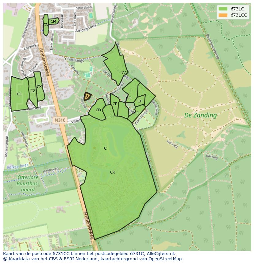 Afbeelding van het postcodegebied 6731 CC op de kaart.