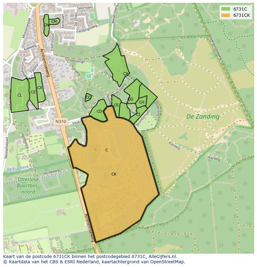 Afbeelding van het postcodegebied 6731 CK op de kaart.