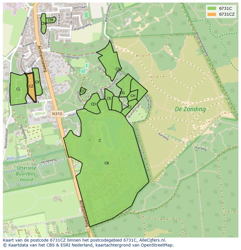 Afbeelding van het postcodegebied 6731 CZ op de kaart.
