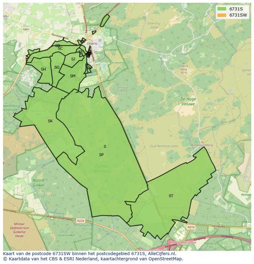 Afbeelding van het postcodegebied 6731 SW op de kaart.