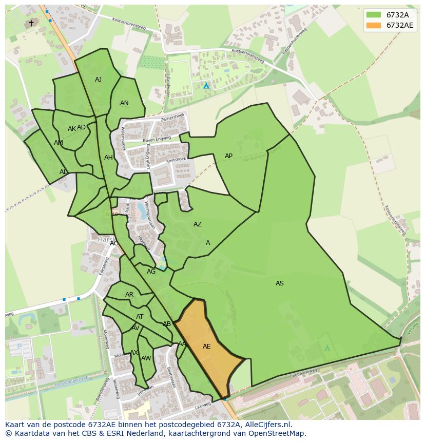 Afbeelding van het postcodegebied 6732 AE op de kaart.