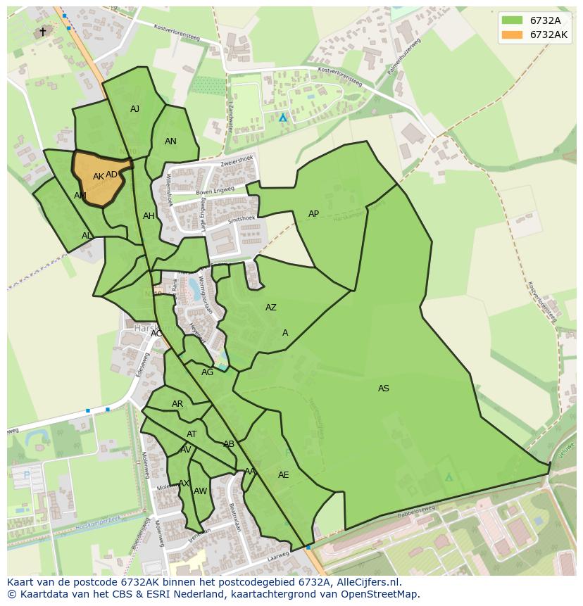 Afbeelding van het postcodegebied 6732 AK op de kaart.