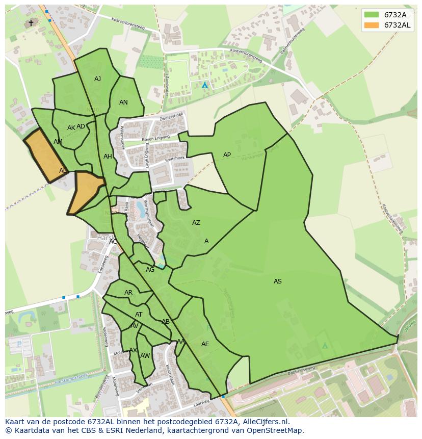 Afbeelding van het postcodegebied 6732 AL op de kaart.
