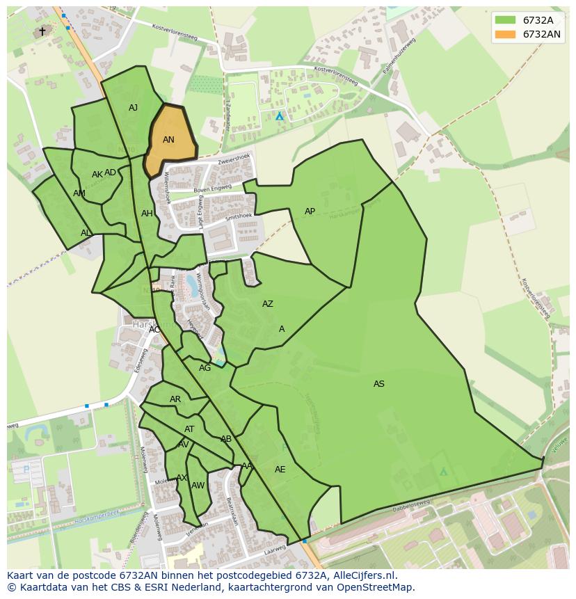 Afbeelding van het postcodegebied 6732 AN op de kaart.