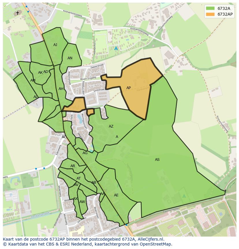 Afbeelding van het postcodegebied 6732 AP op de kaart.
