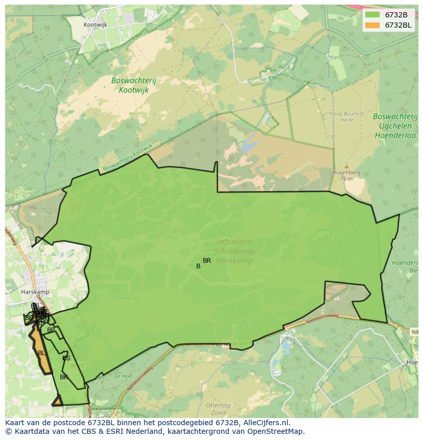 Afbeelding van het postcodegebied 6732 BL op de kaart.