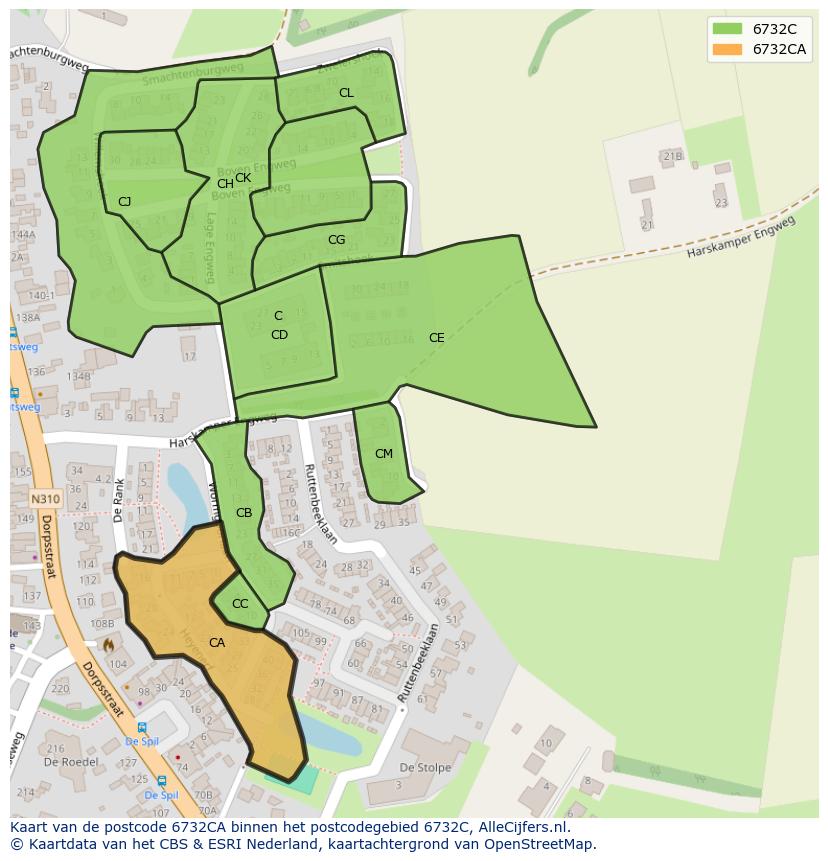 Afbeelding van het postcodegebied 6732 CA op de kaart.