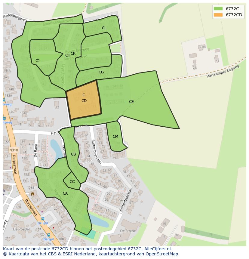Afbeelding van het postcodegebied 6732 CD op de kaart.