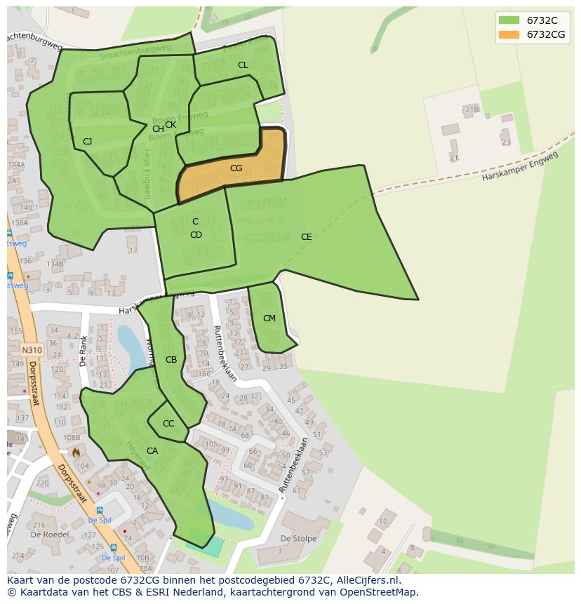 Afbeelding van het postcodegebied 6732 CG op de kaart.