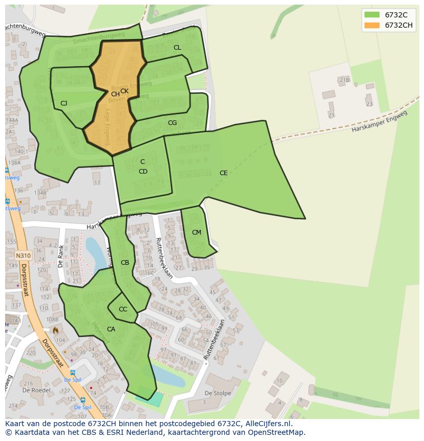 Afbeelding van het postcodegebied 6732 CH op de kaart.