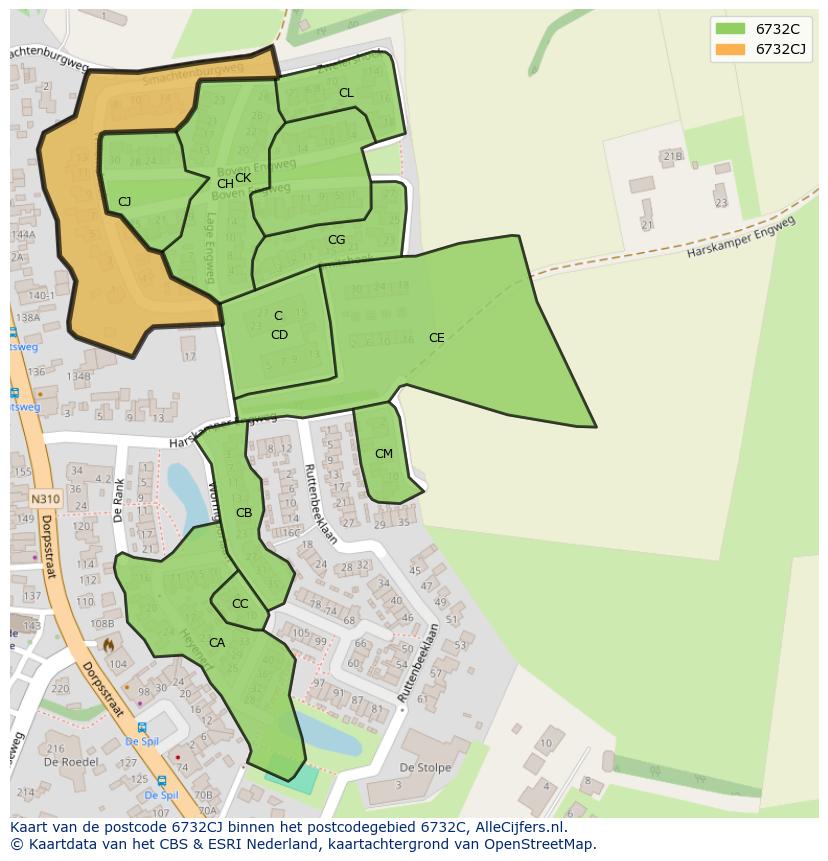 Afbeelding van het postcodegebied 6732 CJ op de kaart.