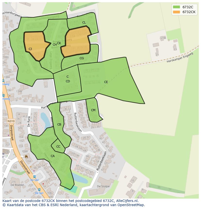 Afbeelding van het postcodegebied 6732 CK op de kaart.