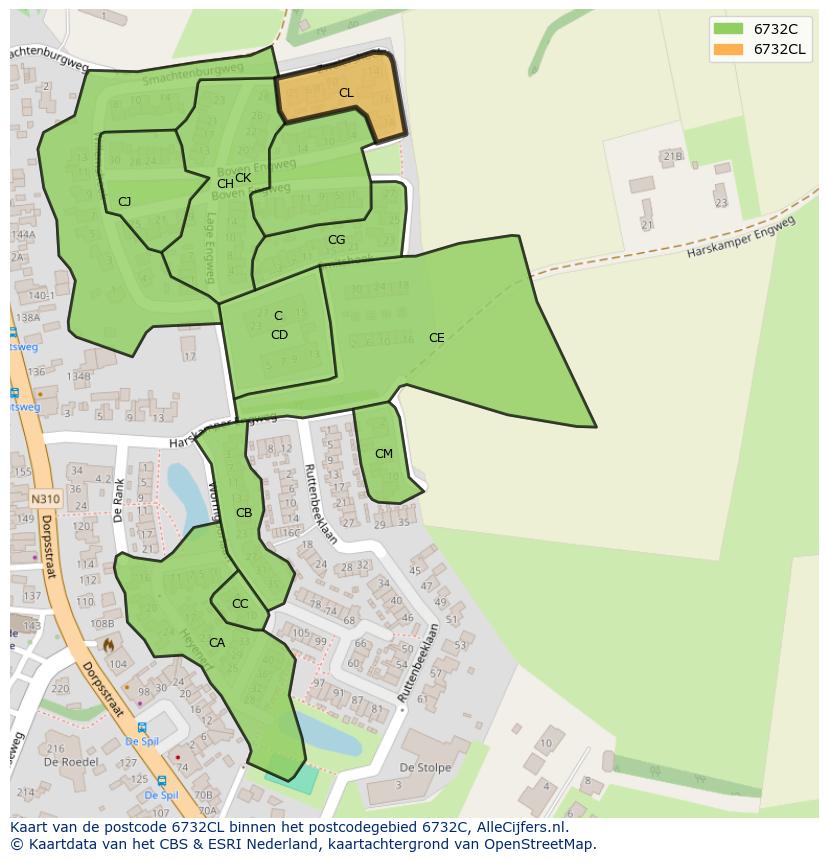 Afbeelding van het postcodegebied 6732 CL op de kaart.