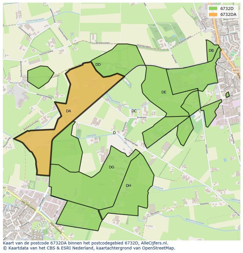 Afbeelding van het postcodegebied 6732 DA op de kaart.