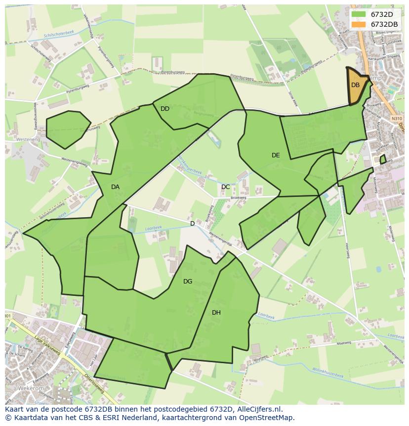 Afbeelding van het postcodegebied 6732 DB op de kaart.