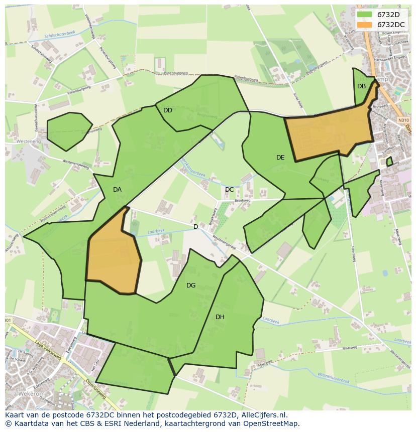 Afbeelding van het postcodegebied 6732 DC op de kaart.
