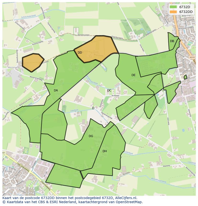 Afbeelding van het postcodegebied 6732 DD op de kaart.