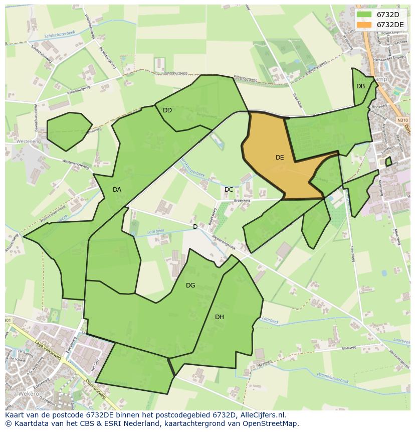 Afbeelding van het postcodegebied 6732 DE op de kaart.