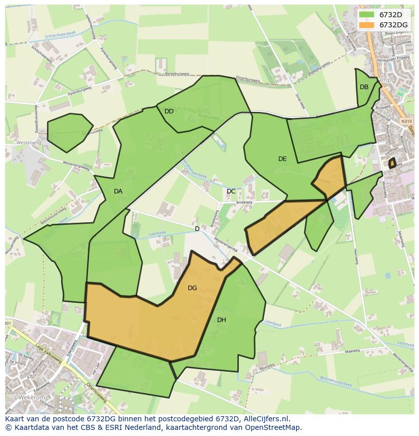 Afbeelding van het postcodegebied 6732 DG op de kaart.