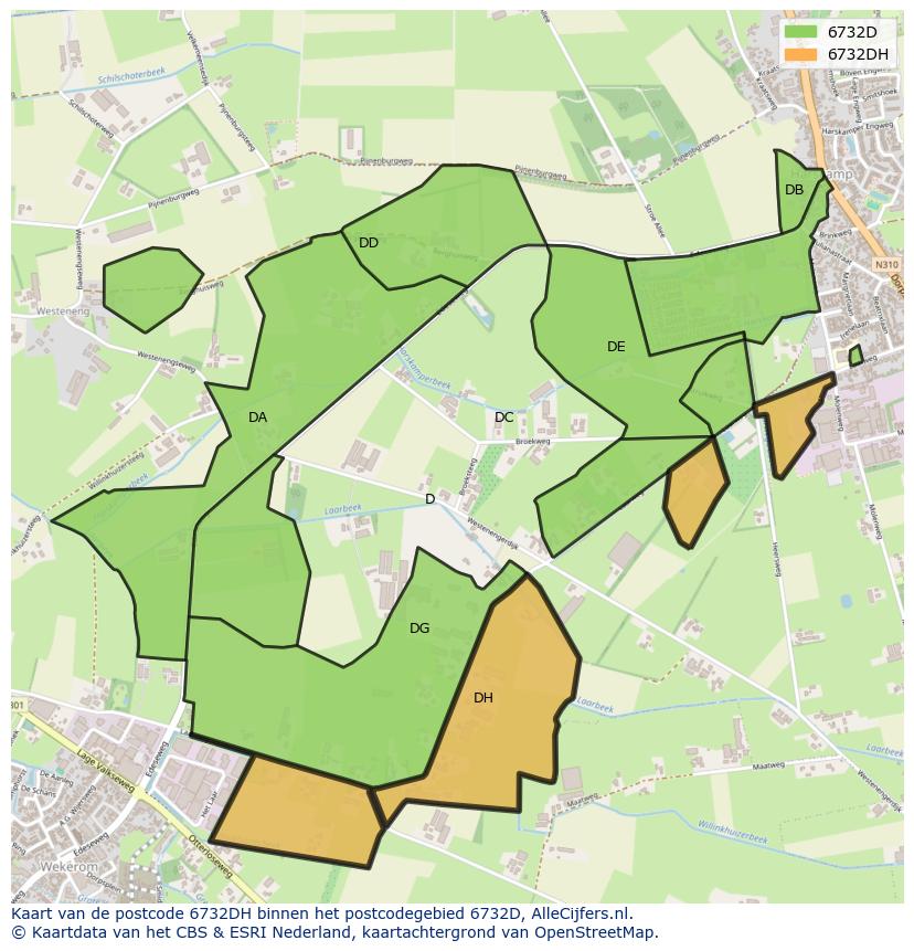Afbeelding van het postcodegebied 6732 DH op de kaart.