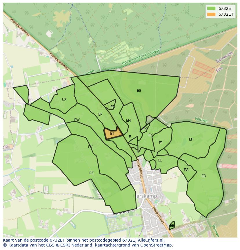 Afbeelding van het postcodegebied 6732 ET op de kaart.