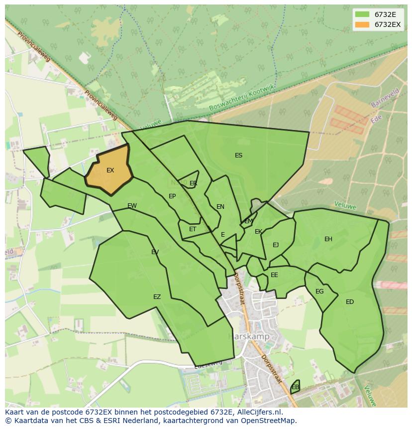 Afbeelding van het postcodegebied 6732 EX op de kaart.