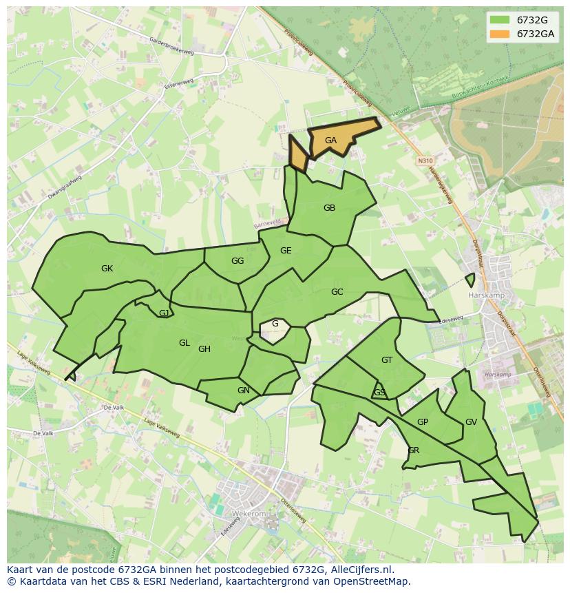 Afbeelding van het postcodegebied 6732 GA op de kaart.