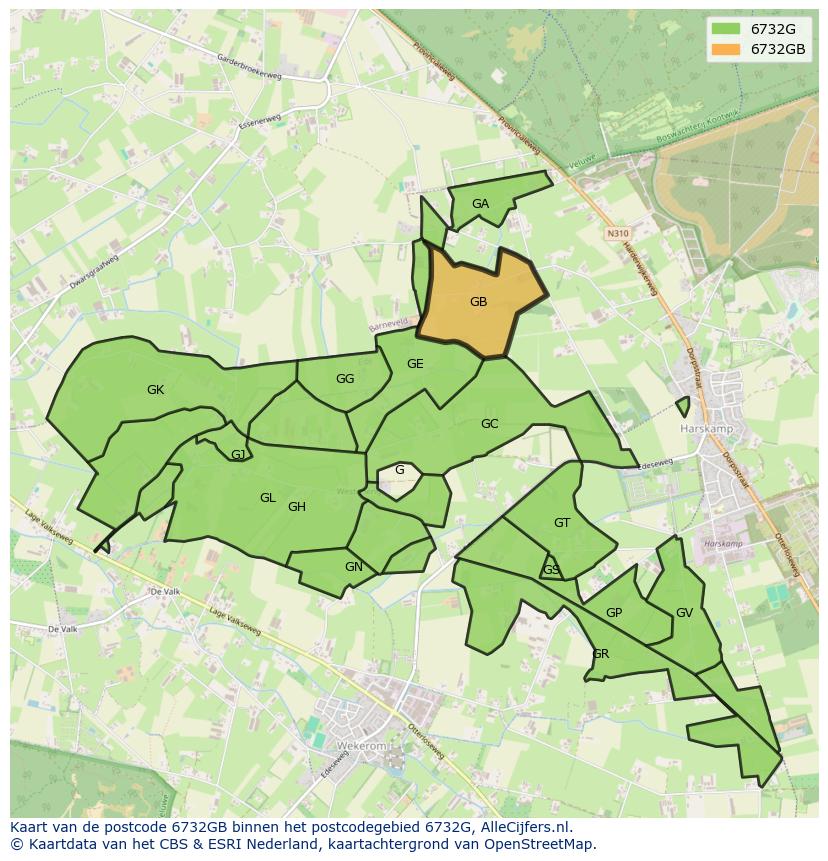 Afbeelding van het postcodegebied 6732 GB op de kaart.