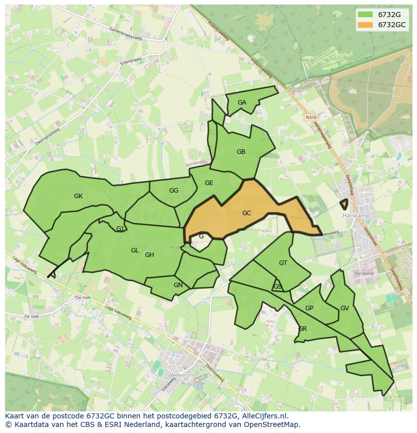 Afbeelding van het postcodegebied 6732 GC op de kaart.