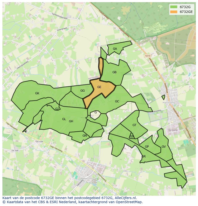 Afbeelding van het postcodegebied 6732 GE op de kaart.