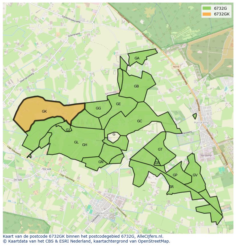 Afbeelding van het postcodegebied 6732 GK op de kaart.