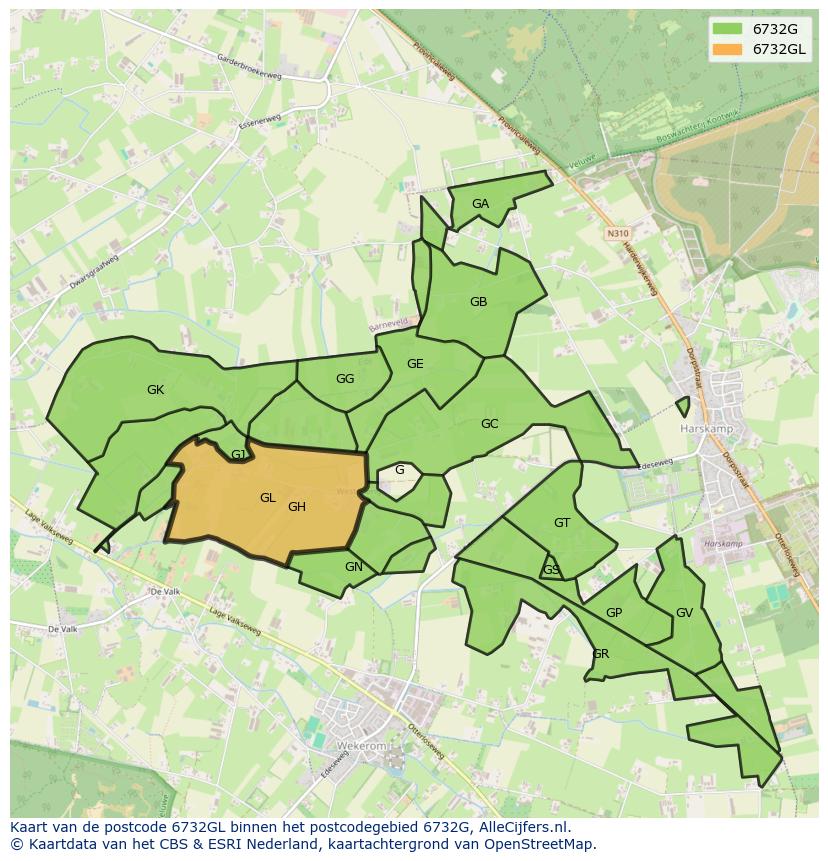Afbeelding van het postcodegebied 6732 GL op de kaart.