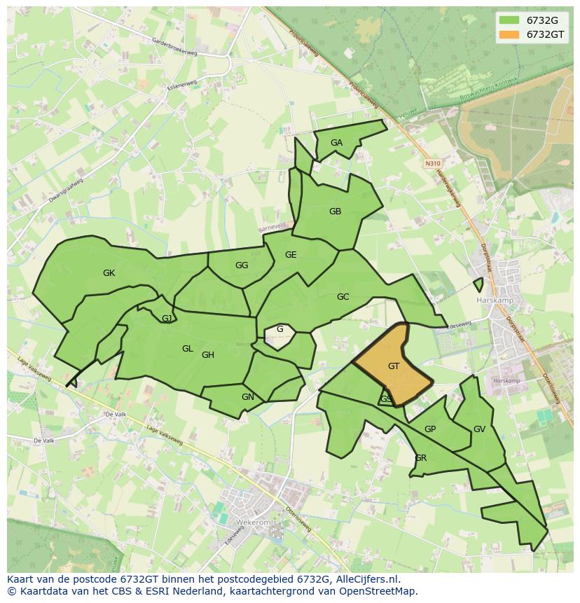 Afbeelding van het postcodegebied 6732 GT op de kaart.