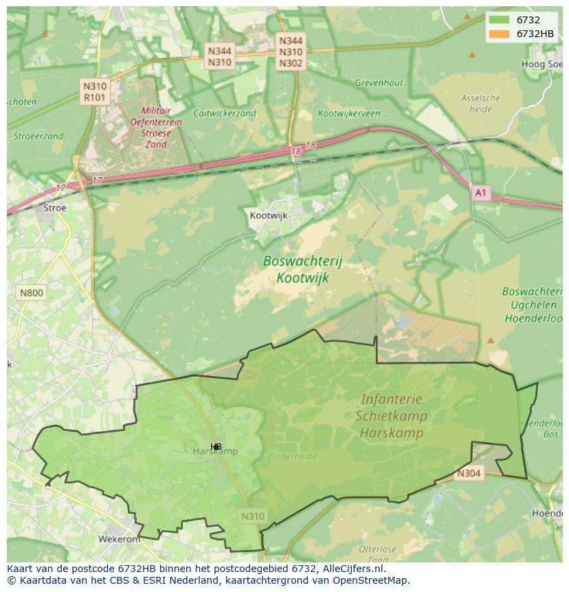 Afbeelding van het postcodegebied 6732 HB op de kaart.