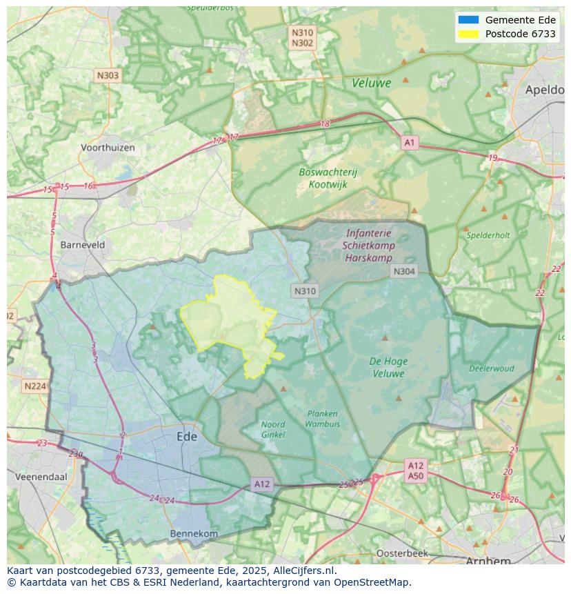 Afbeelding van het postcodegebied 6733 op de kaart.