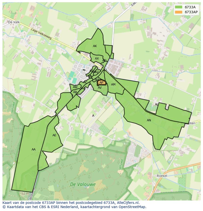 Afbeelding van het postcodegebied 6733 AP op de kaart.