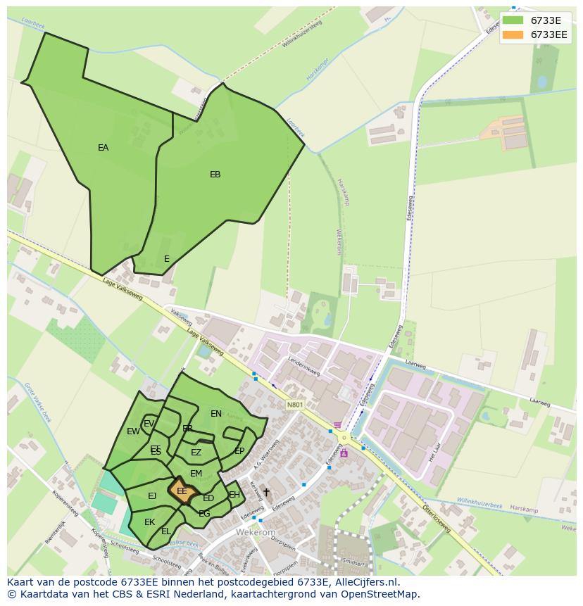 Afbeelding van het postcodegebied 6733 EE op de kaart.