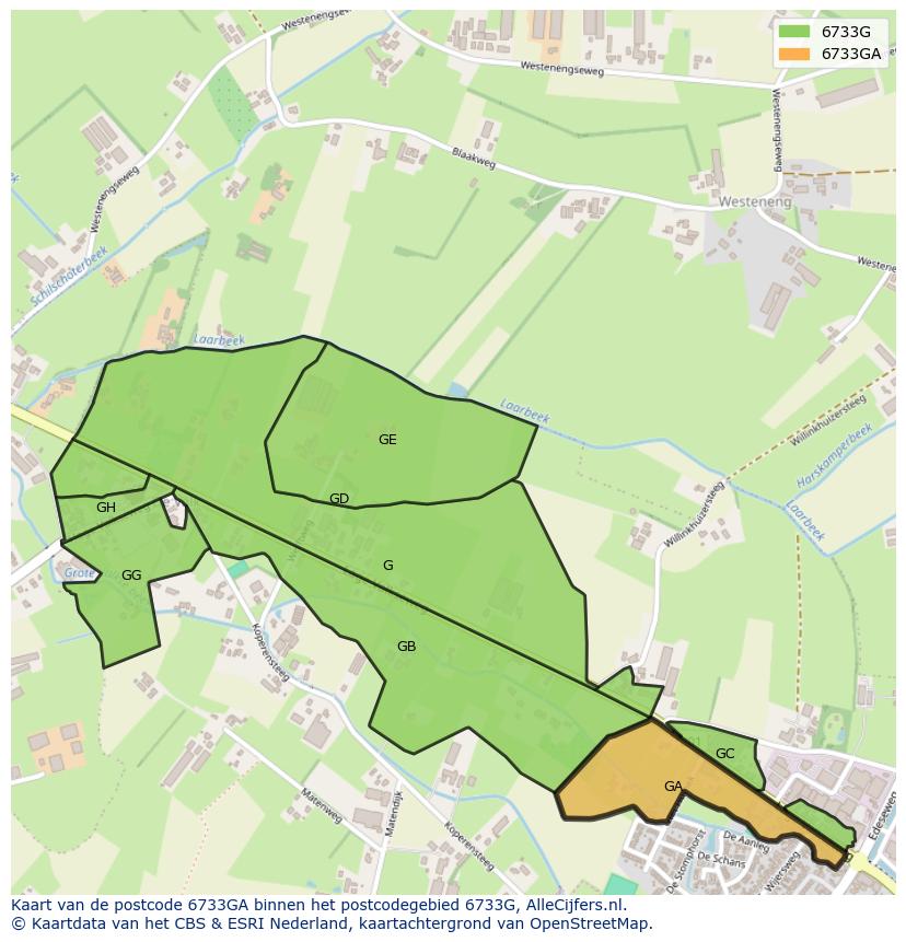 Afbeelding van het postcodegebied 6733 GA op de kaart.