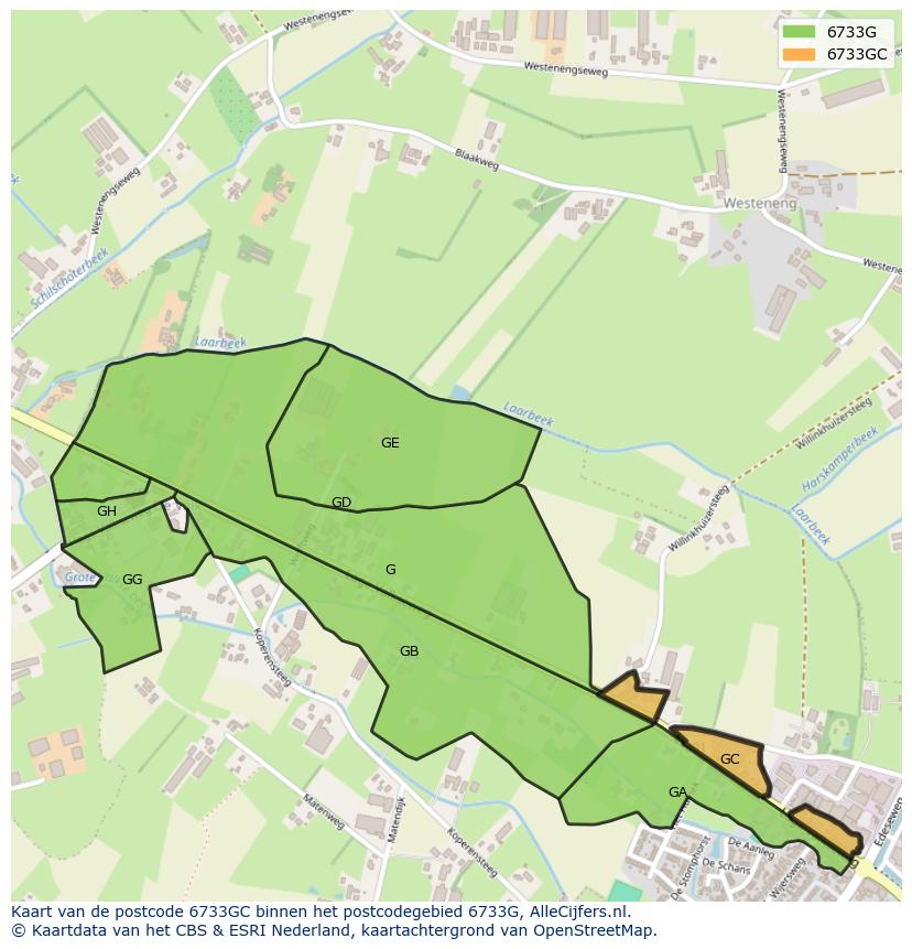 Afbeelding van het postcodegebied 6733 GC op de kaart.