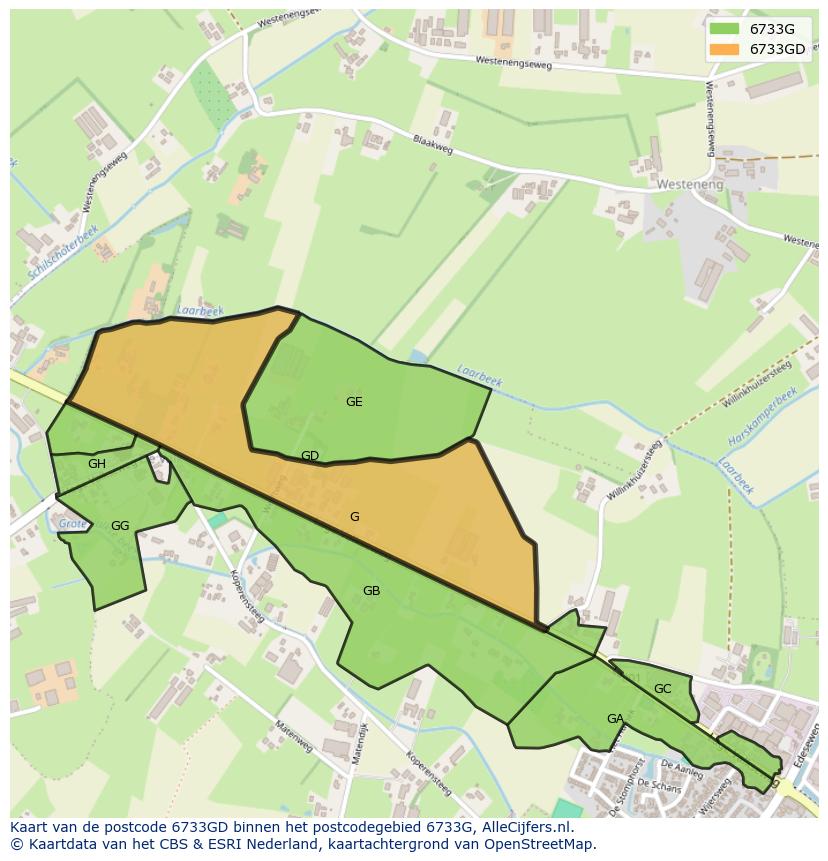 Afbeelding van het postcodegebied 6733 GD op de kaart.