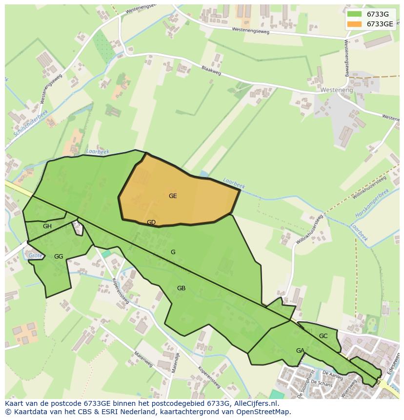 Afbeelding van het postcodegebied 6733 GE op de kaart.